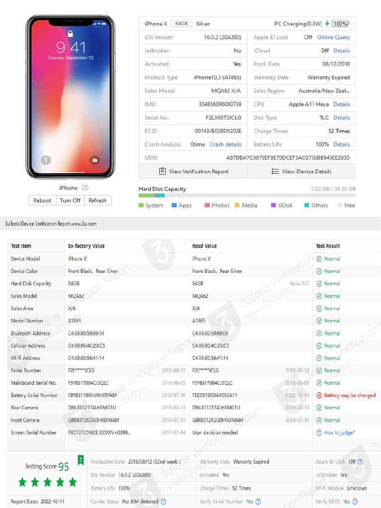 Iphone X - Idevice Verification Report - 001434E038D0202E | PDF