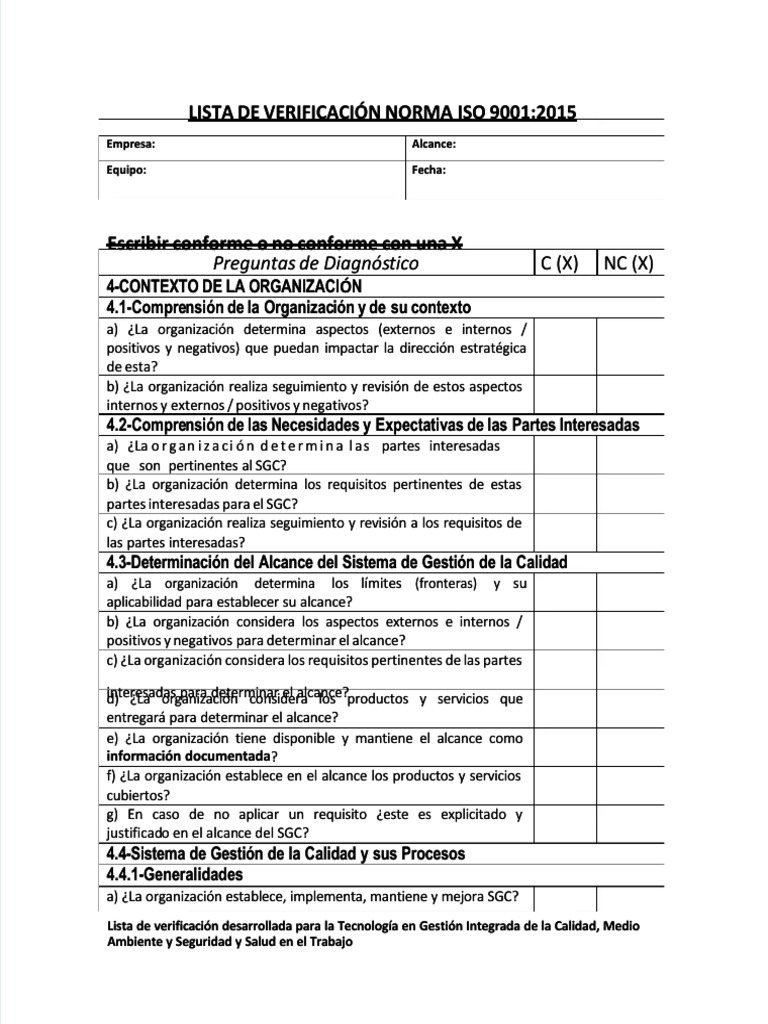 PDF Lista de Verificacion Iso 9001 2015 - Compress - Unlocked | PDF
