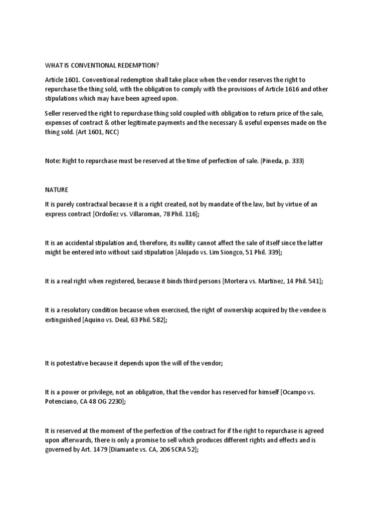 Obligations and Effects of Conventional Redemption A Comprehensive