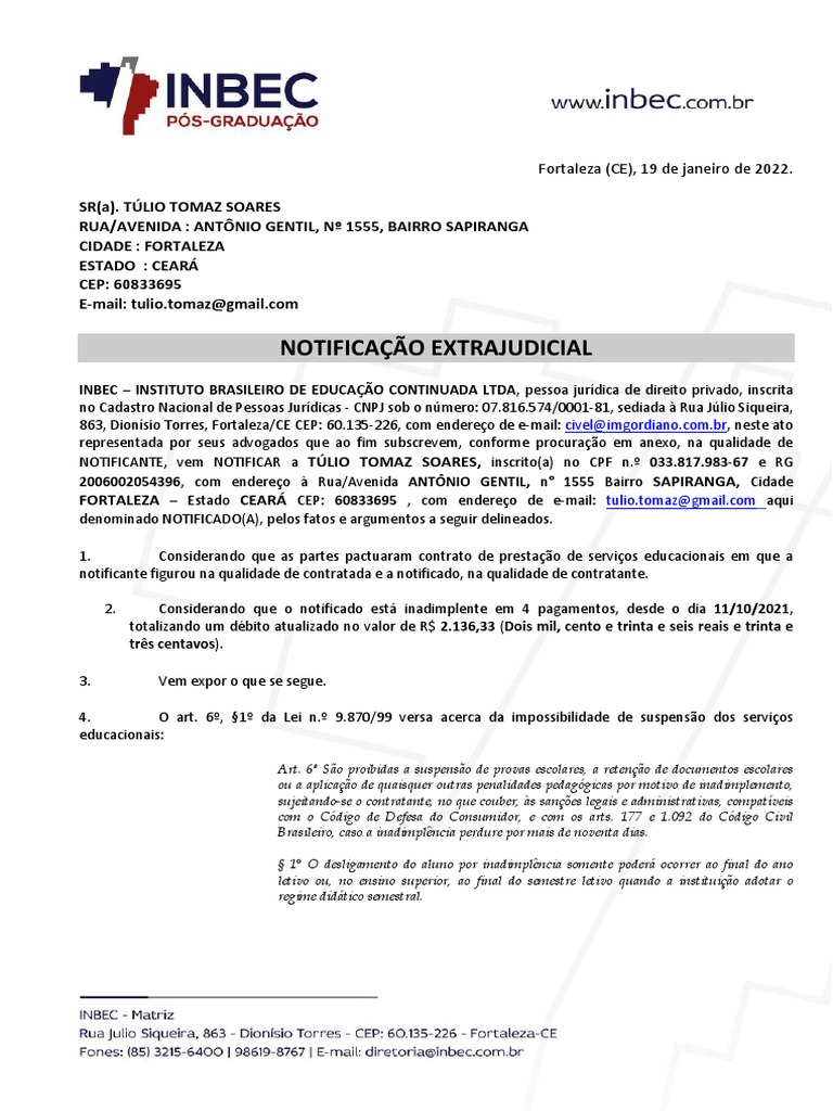 Notificação Extrajudicial de Inadimplência | PDF | Justiça | Crime e ...