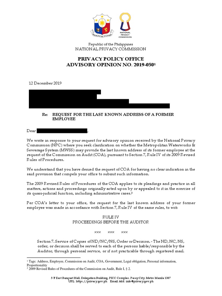 (Redacted) Advisory Opinion No. 2019050 REQUEST FOR THE LAST KNOWN