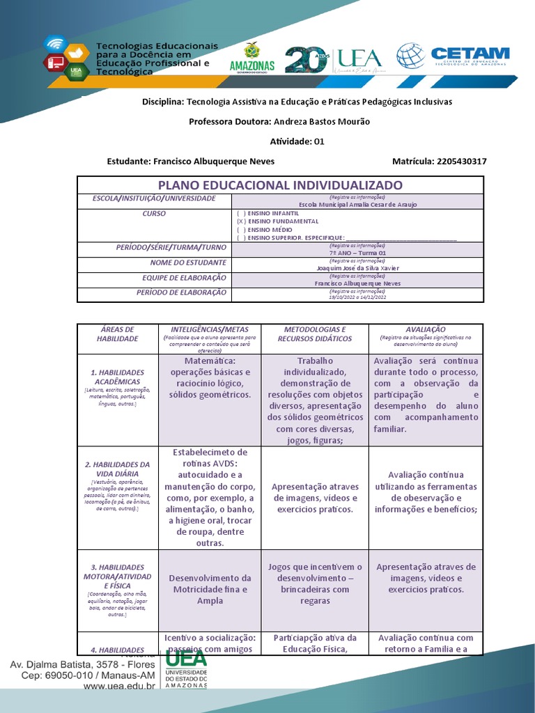 Plano de Ensino Individualizado para Inclusão | PDF