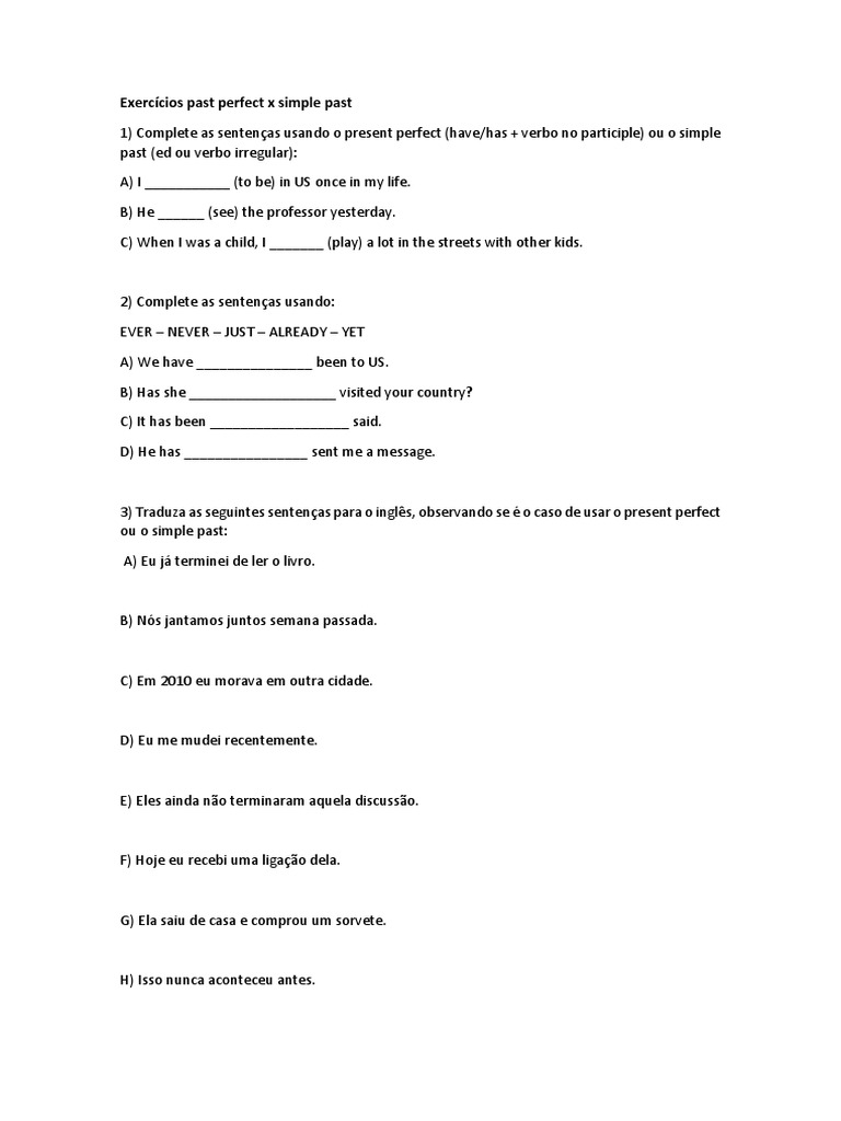 Exercícios Past Perfect X Simple Past | PDF