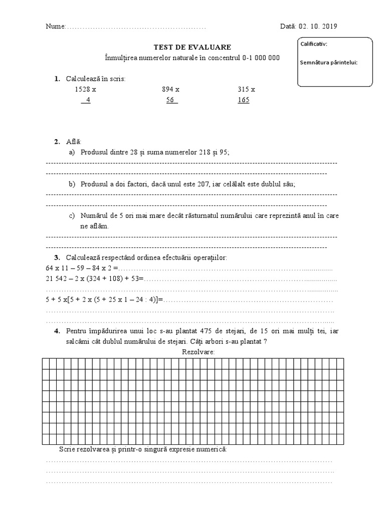 Test de Evaluare Inmultirea 01000 000 | PDF