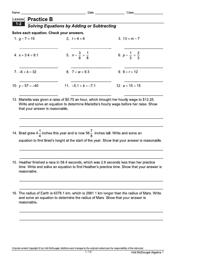 Lesson 1-2 Solving Equations by Adding and Subtracting | PDF