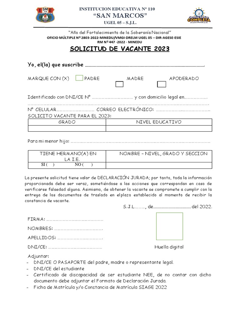 Formato solicitud de vacante general pdf