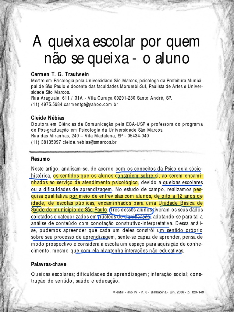 Queixas escolares e a percepção do aluno | PDF | Aprendizado | Pensamento
