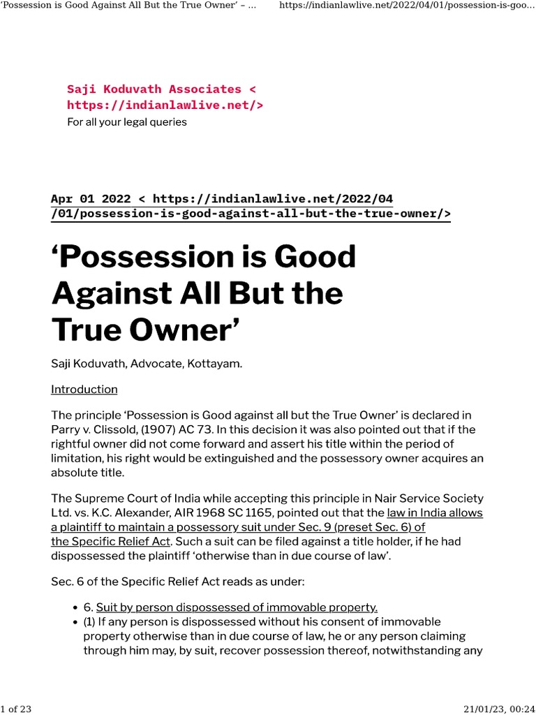 Possession Is Good Against All But The True Owner' - Saji Koduvath ...