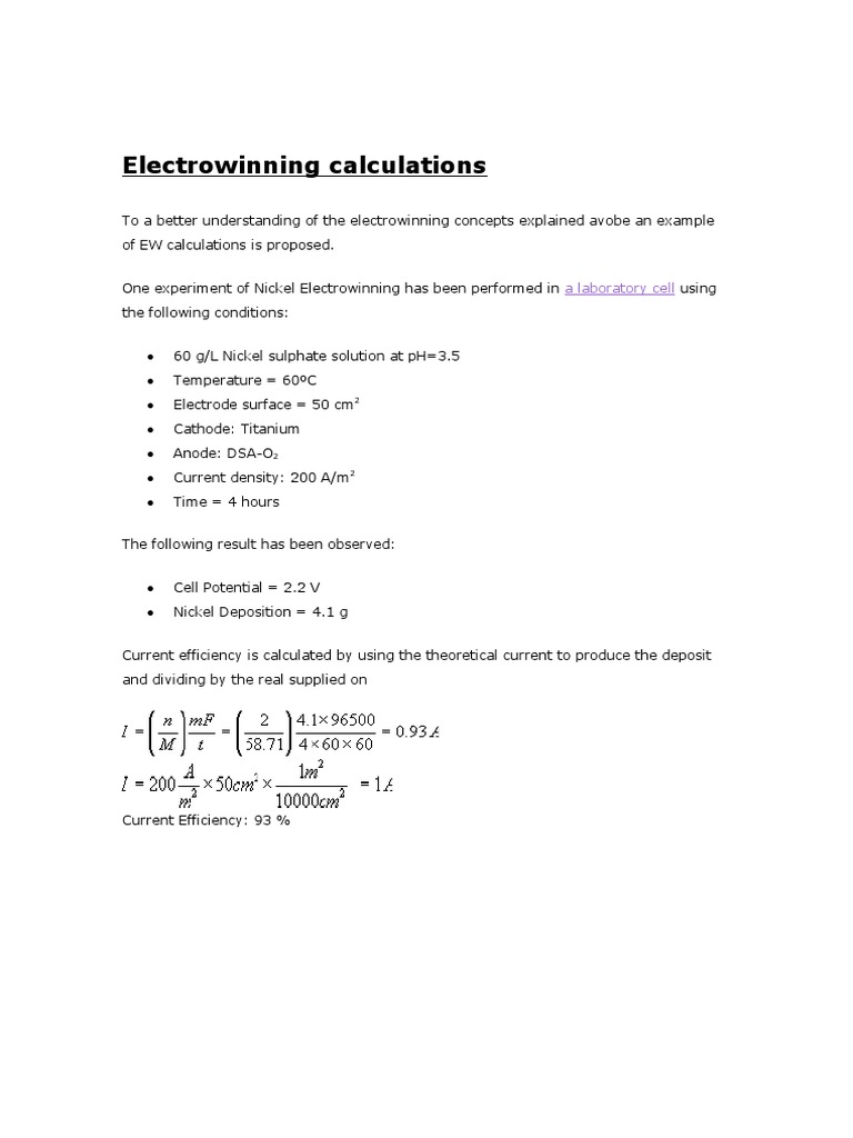 Electrowinning Calculations | PDF
