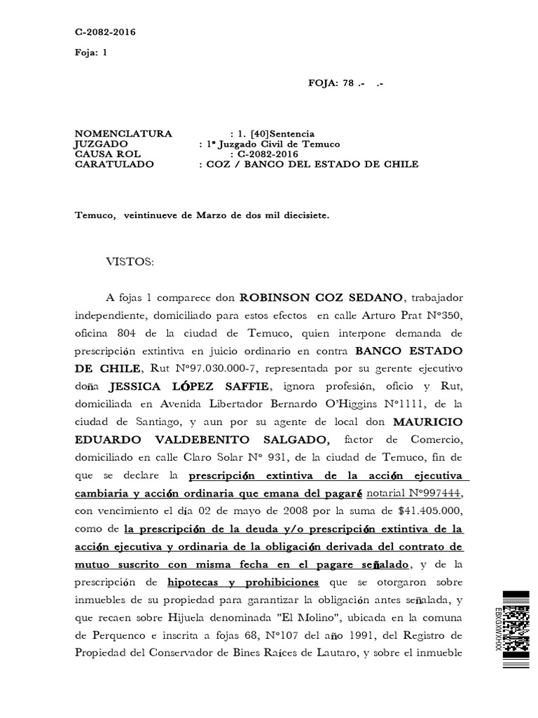 Sentencia Rol C-2082-2016, 1° JC Temuco | PDF | Estatuto de