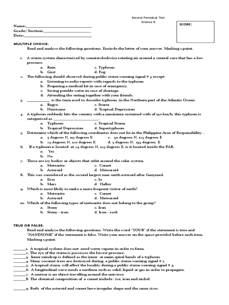Second Periodical Test Science Pdf Tropical Cyclones Comet