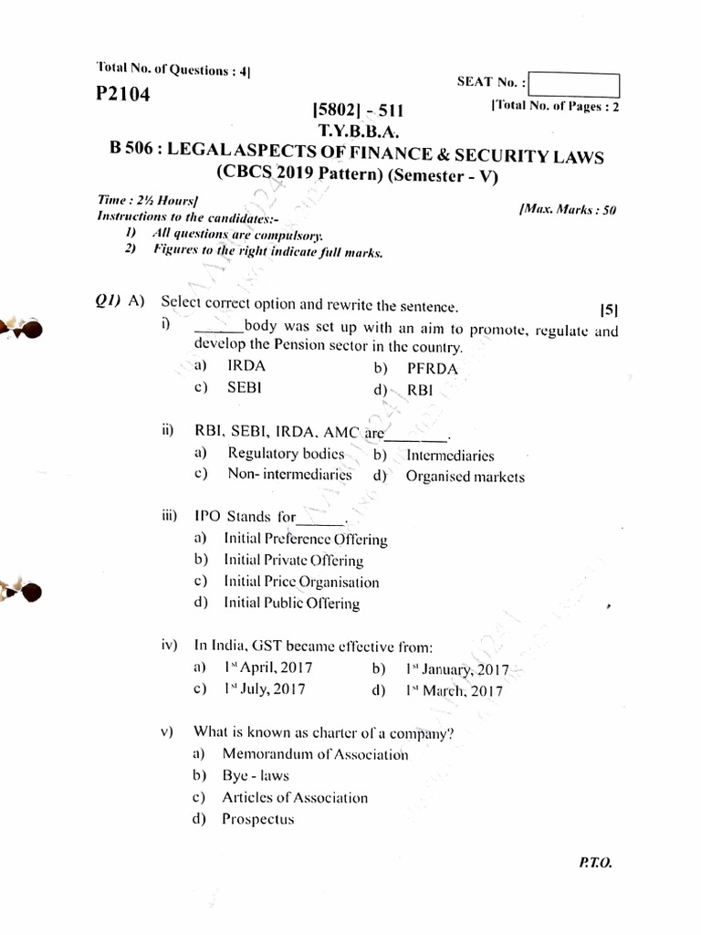 Legal Aspects of Finance & Security Laws Exam Questions Covering