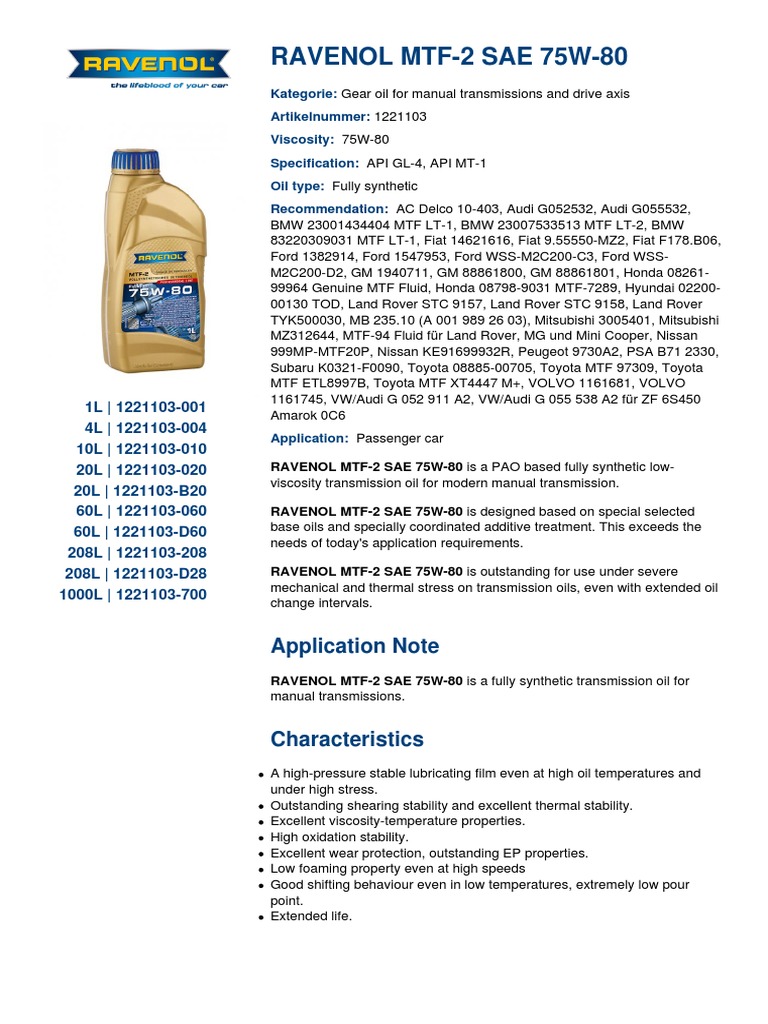 Technical Product Data and Specifications for RAVENOL MTF2 SAE 75W80