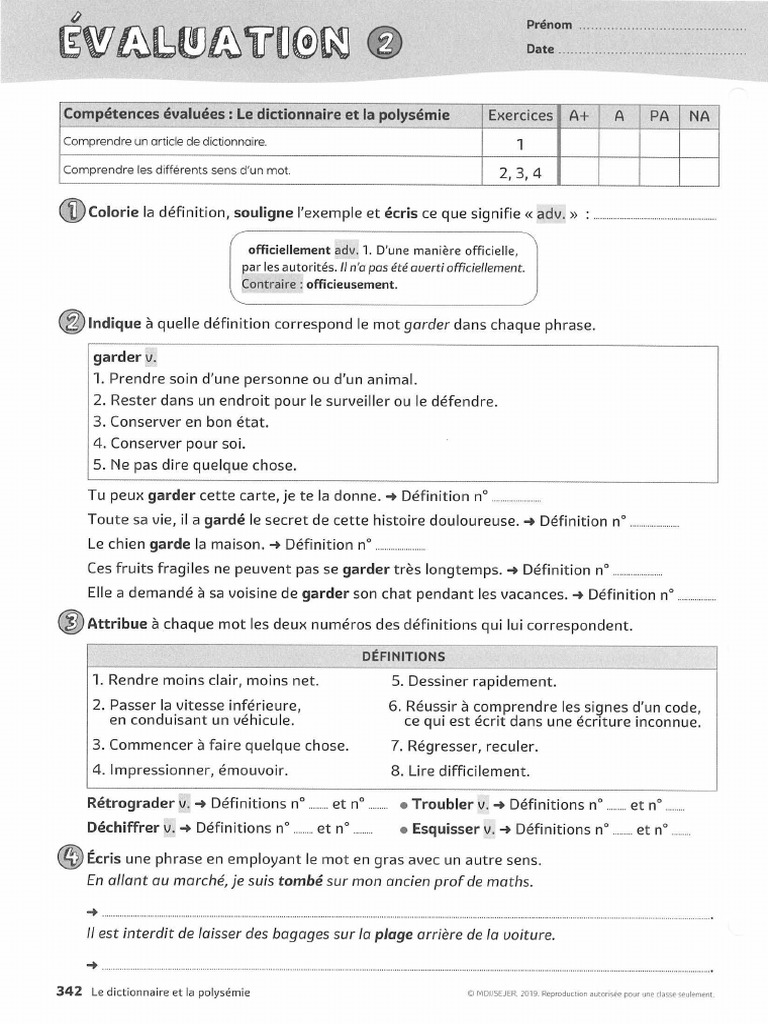 Exercices Sur Le Dictionnaire Cm2 Évaluation Dictionnaire Et Polysémie | PDF