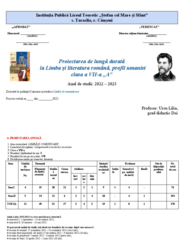Clasa VII-A Proiect de Lunga Durata Limba Romana | PDF
