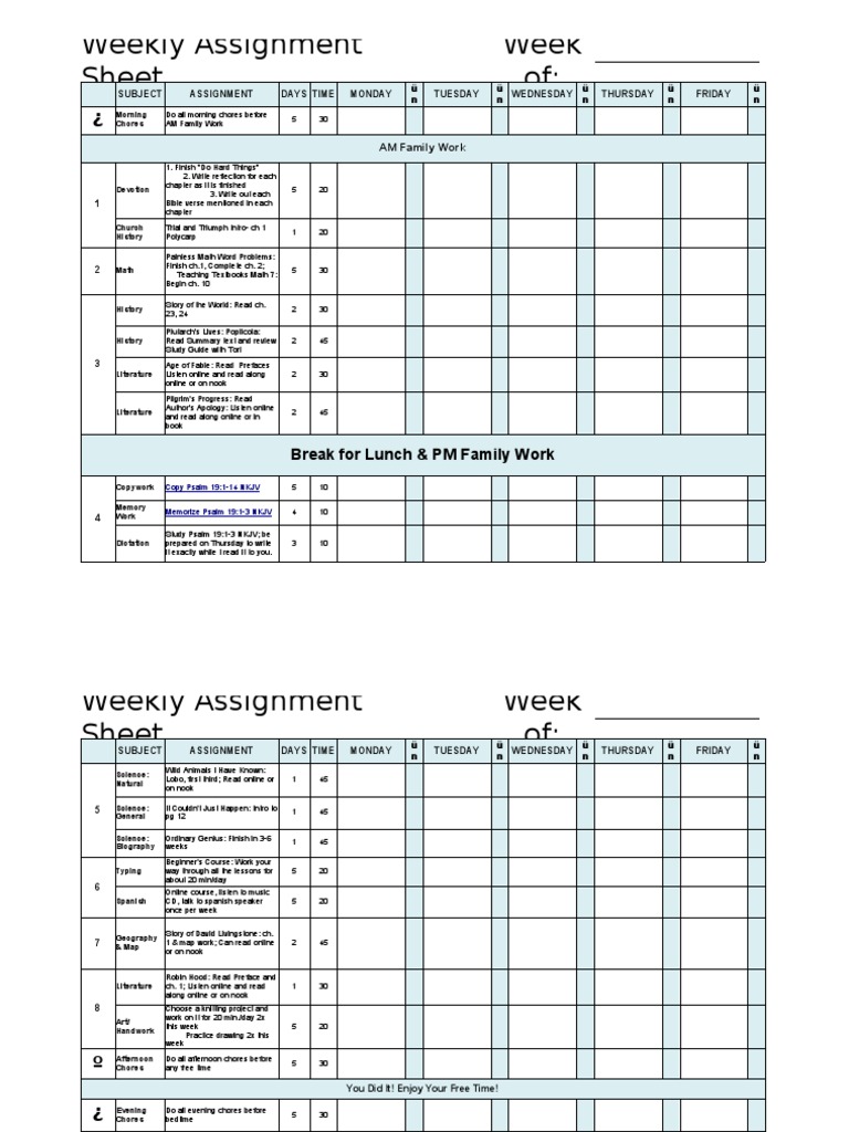 assignment homework sheet weekly