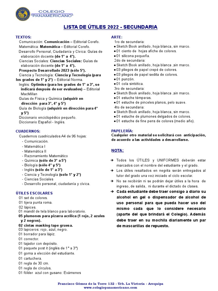 Lista de Útiles Secundaria | PDF | Science