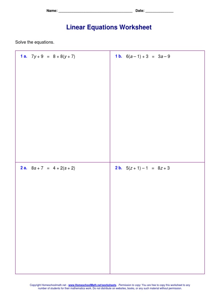 Linear Equations Worksheet | PDF
