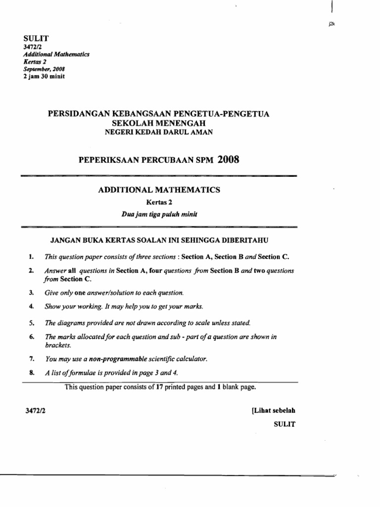 Additional Mathematics SPM Trial Paper 2008 | PDF