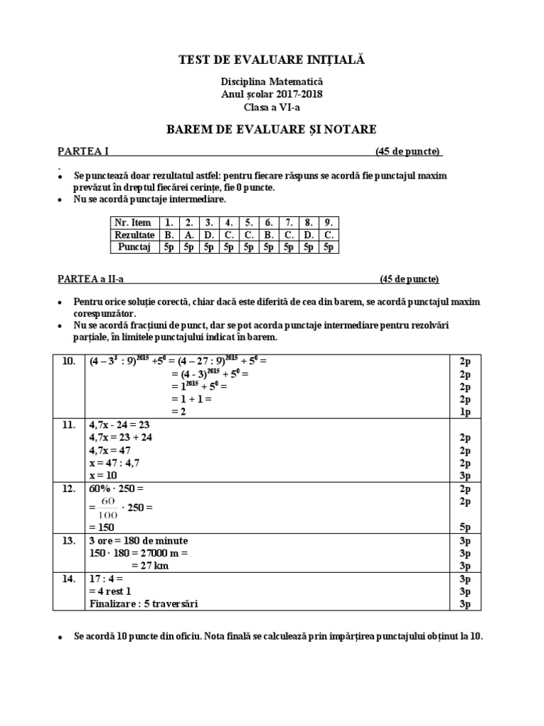 Rezolvare Barem de Corectare Test Initial Matematica Clasa A 6 A | PDF