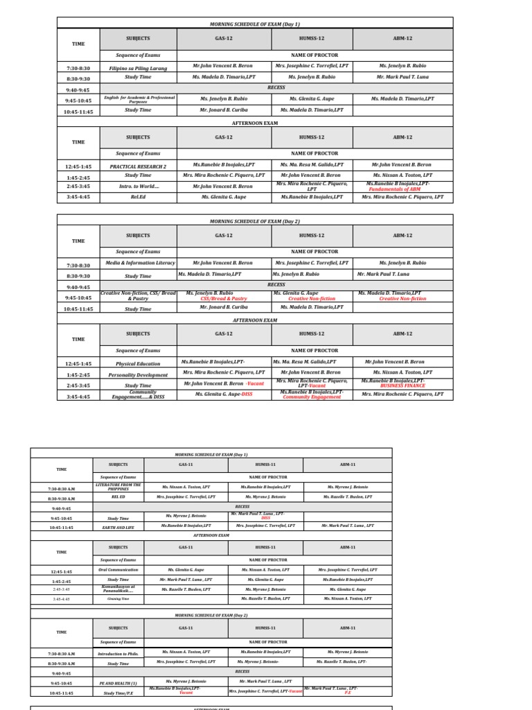 Face To Face Schedule of Exams PDF