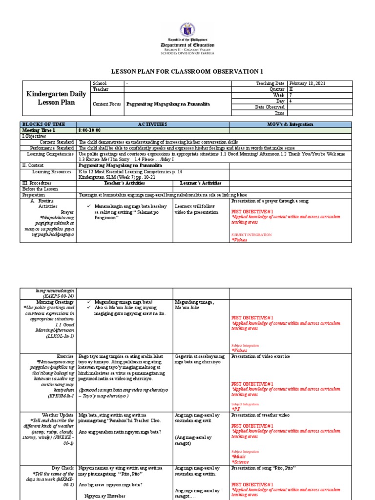 Kindergarten Daily Lesson Plan COT 1 Feb. 18 2021 PDF Lesson Plan