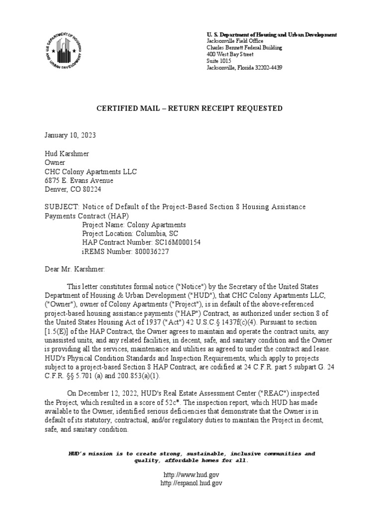 Colony Apartments NOD 1.2023 PDF Section 8 (Housing) United