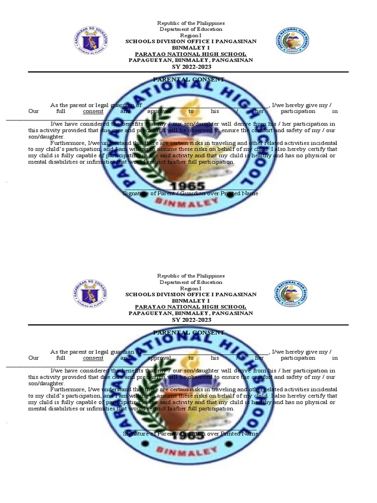 Parental Consent Form for Student Participation in School Activities ...