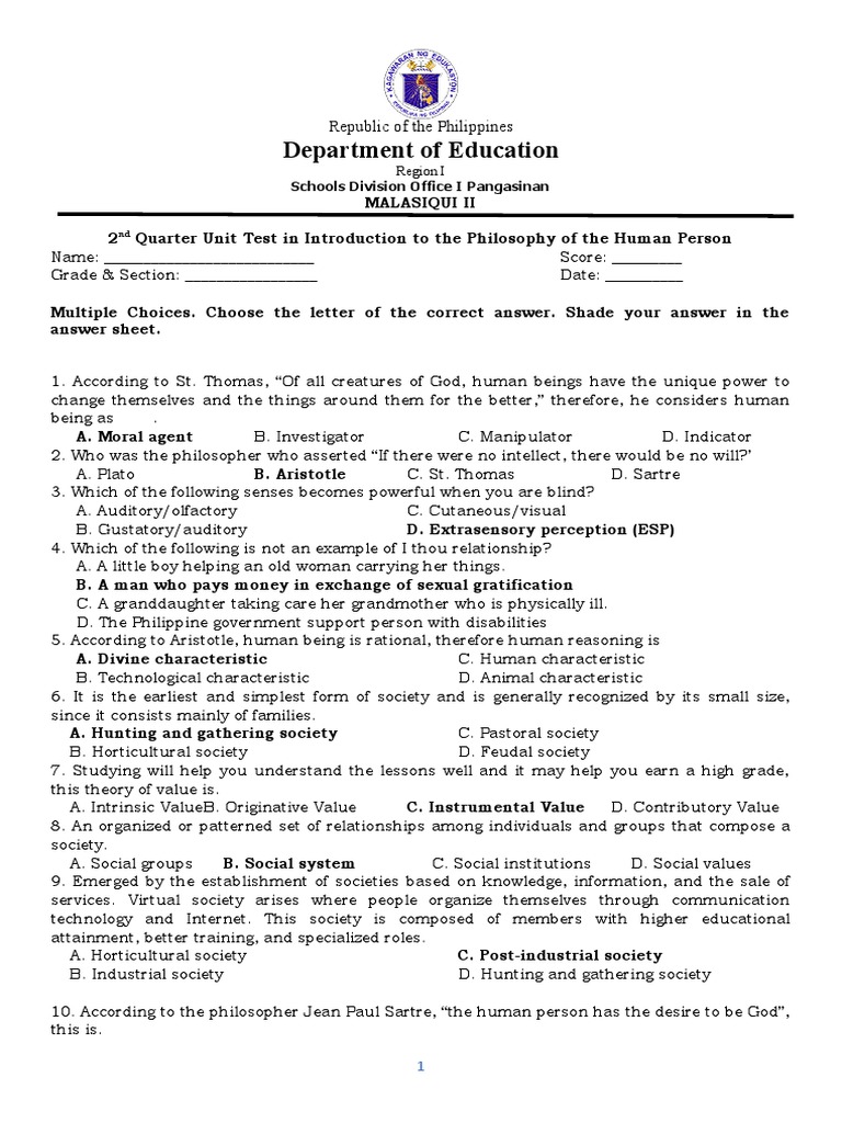 Unit Test Philo 2nd Final With Key Pdf Society Agriculture