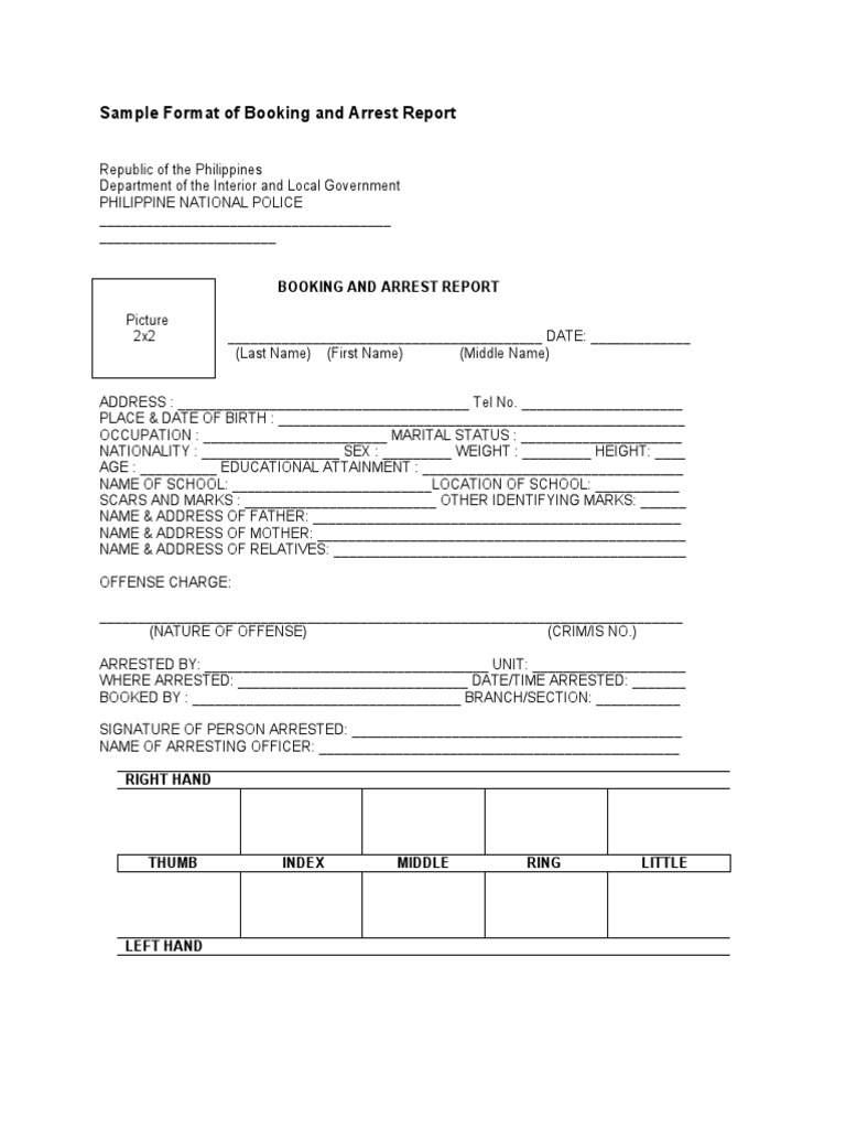 Standard Format for Documenting a Police Booking and Arrest Report PDF
