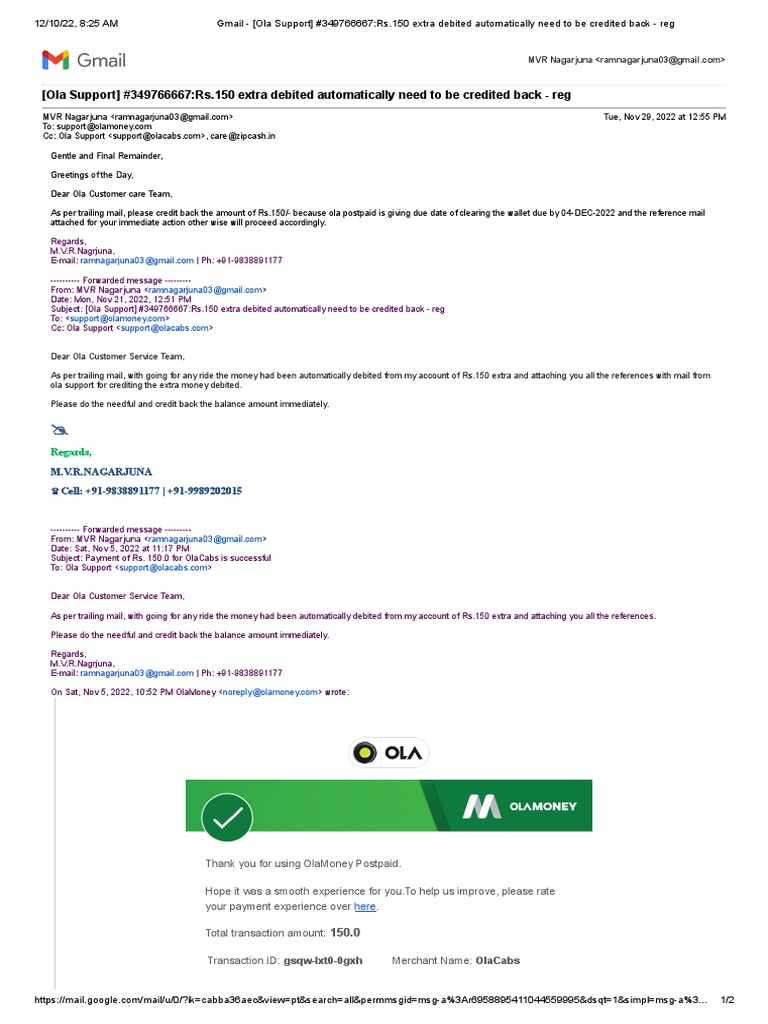 Gmail (Ola Support) 349766667 Rs.150 Extra Debited Automatically