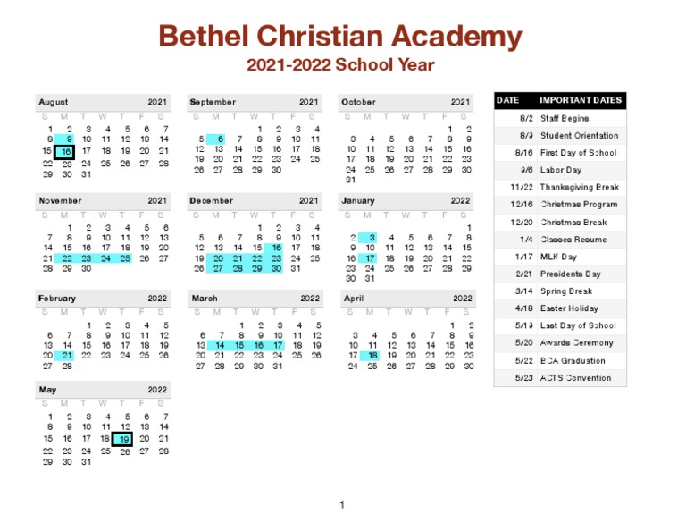 BCA School Calendar 2122 PDF Observances Holidays