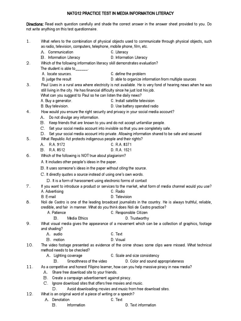 Media Information Literacy Practice Test | PDF | Mass Media | Advertising