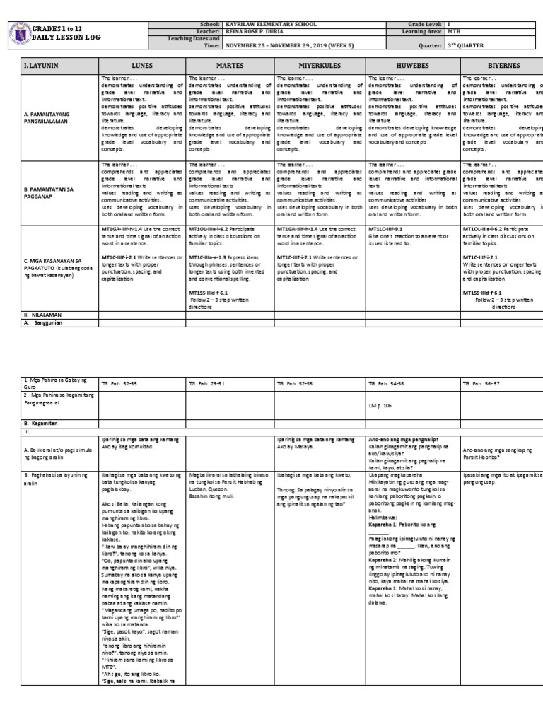 Daily Lesson Log for Grade 1 MTB | PDF | Vocabulary | Learning