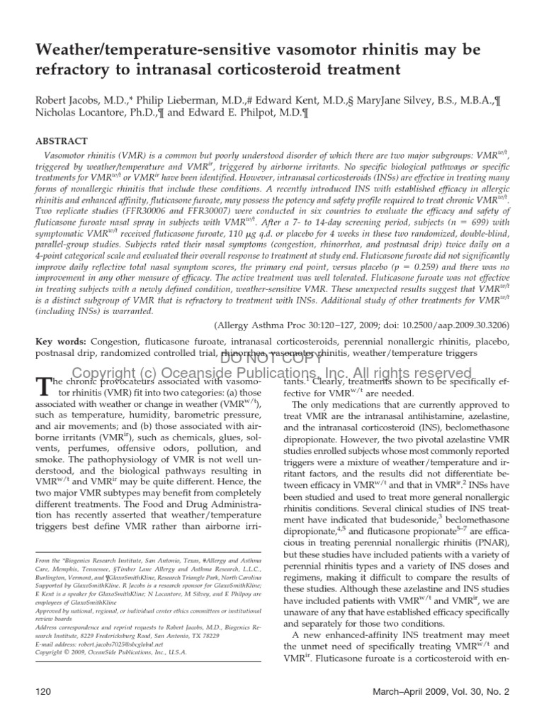 Rinitis Vasomotora Allergy and Asthma Proceedings 120 PDF