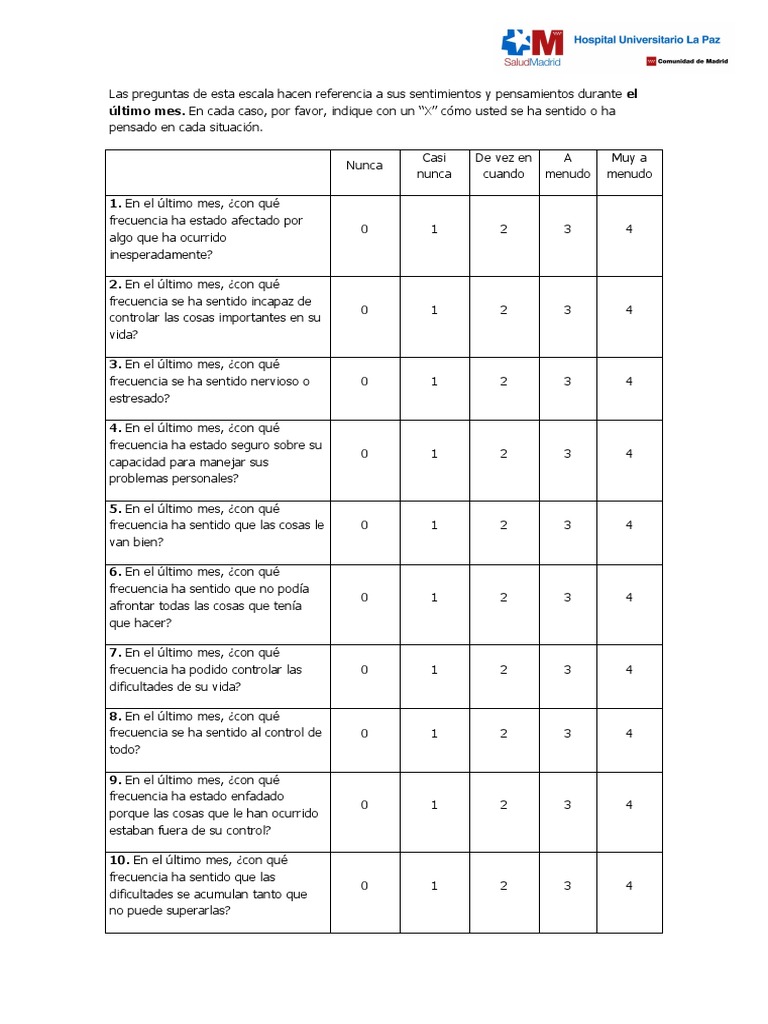 Cuestionario PSS-10 en Español | PDF