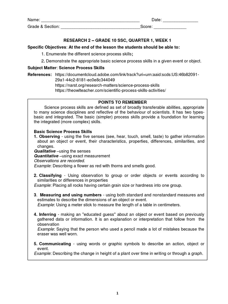 Science Process Skills Overview | PDF | Experiment | Observation