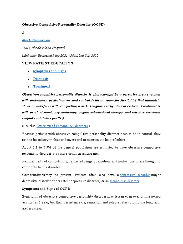 Ocpd Symptoms Diagnosis Treatment Pdf Obsessive Compulsive