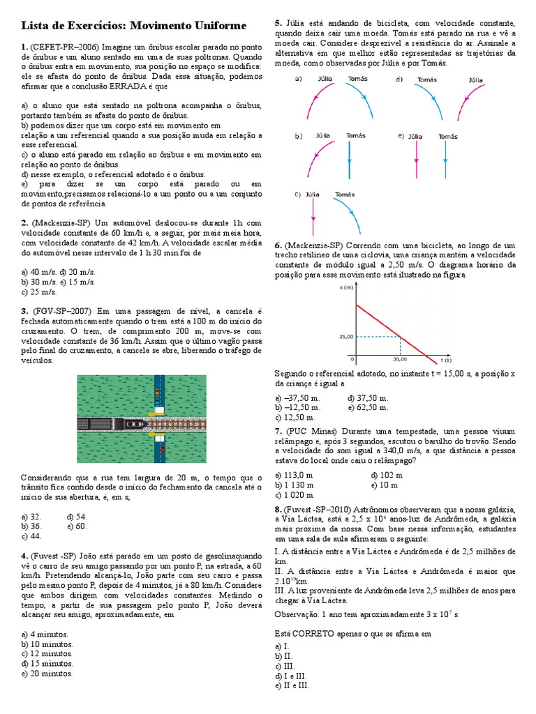 Lista - Movimento Uniforme | PDF | Velocidade | Tempo