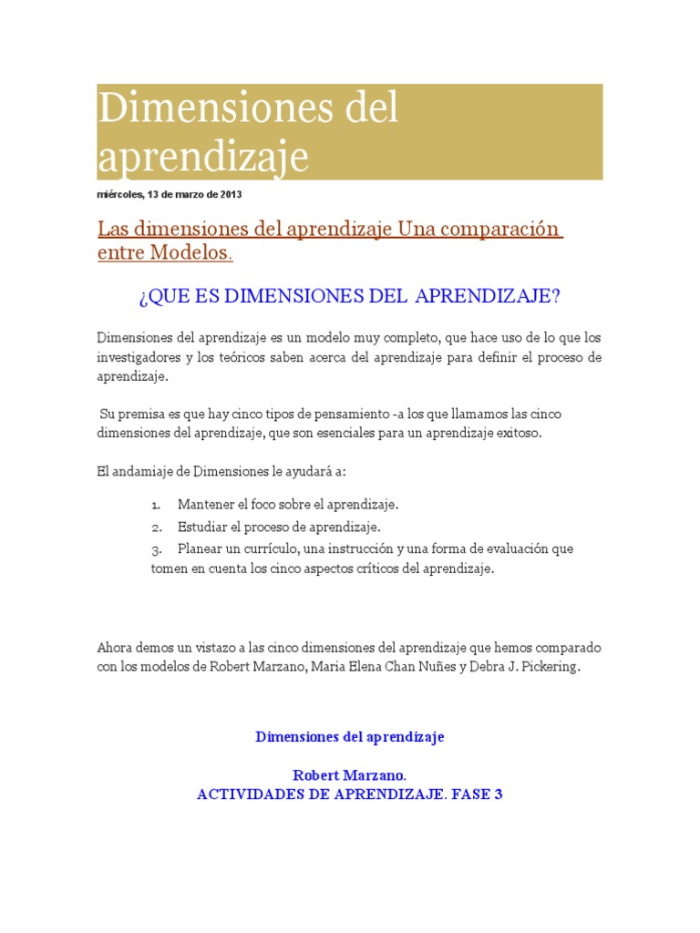 Dimensiones del Aprendizaje según Marzano | PDF | Aprendizaje | Pensamiento