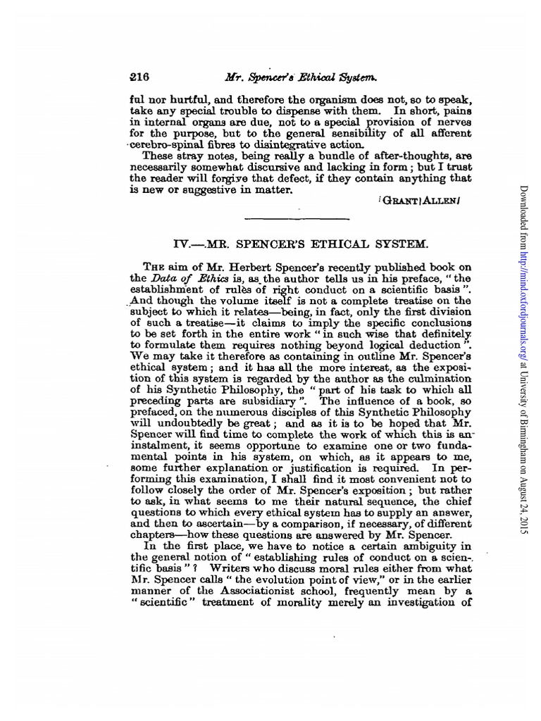 Sidgwick Mr. Spencer's Ethical System (1880) PDF Happiness Hedonism