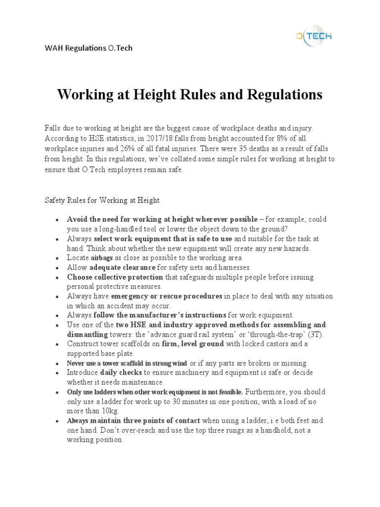 Working at Height Rules and Regulations | PDF