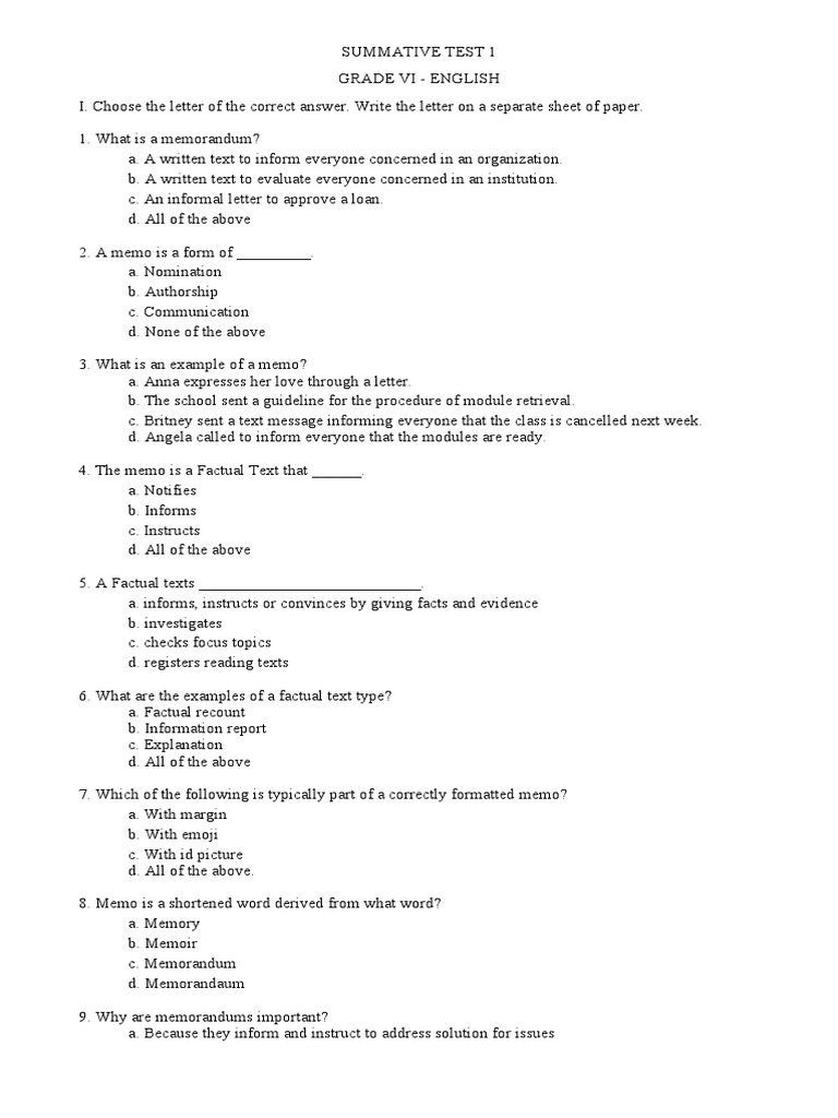 Grade VI English Summative Test 1 | PDF | Memorandum | Reason