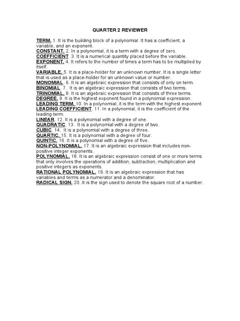 Math 9 Quarter 2 Polynomial Concepts | PDF