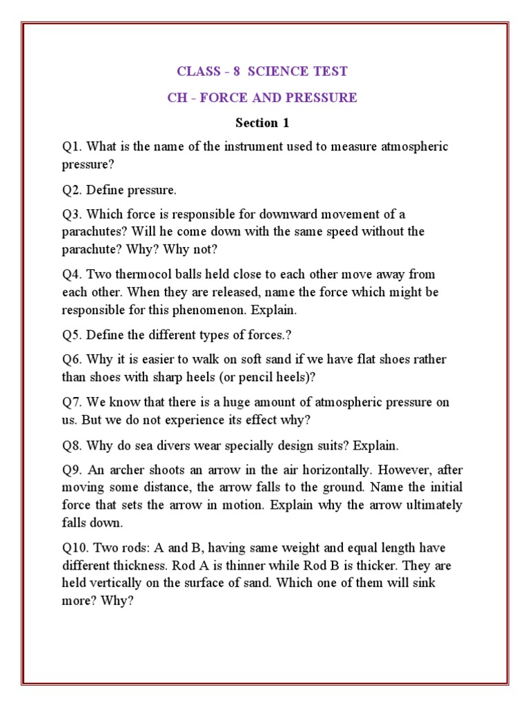Class 8 - Science Test Force and Pressure | PDF | Pressure | Force