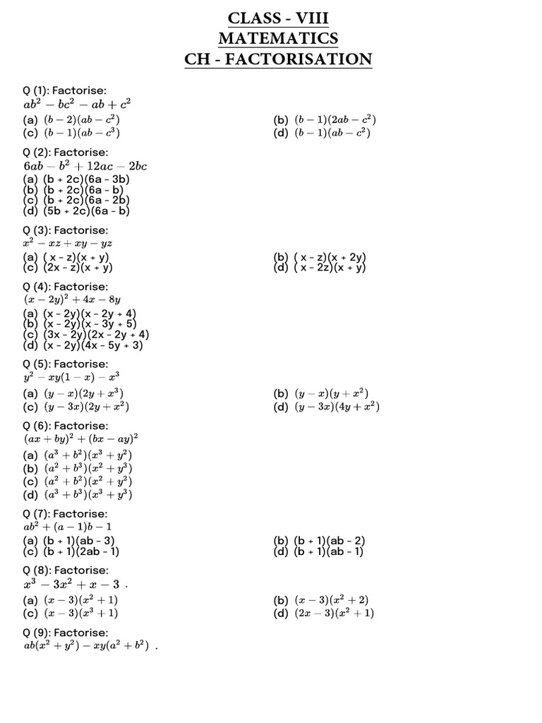 Class 8 Factorisation MCQ 2 PDF