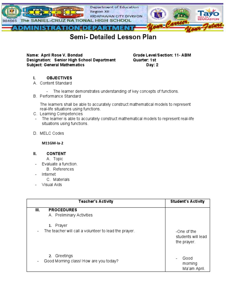 Grade 11 Lesson Plan: Evaluating Functions | PDF | Function ...
