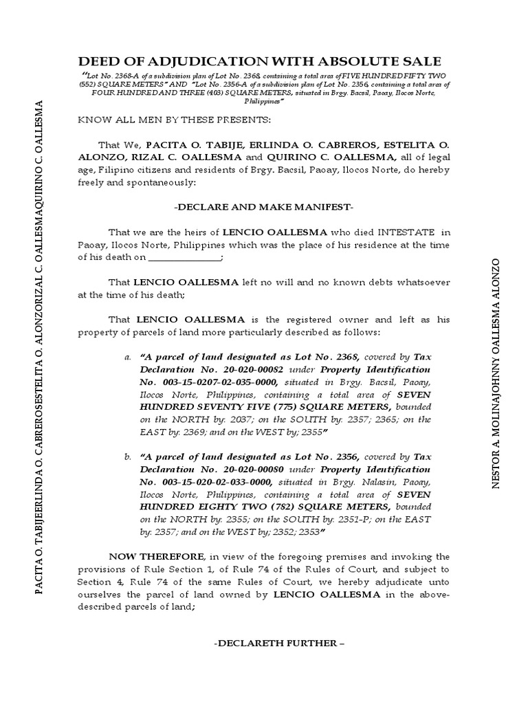 Deed of Adjudication With Absolute Sale Oallesma PDF Philippines