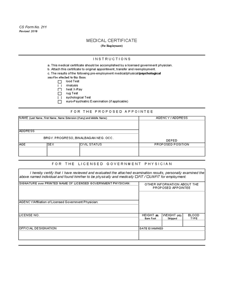 Medical Certificate CS Form No. 211 Revised 2018 | PDF | Test ...