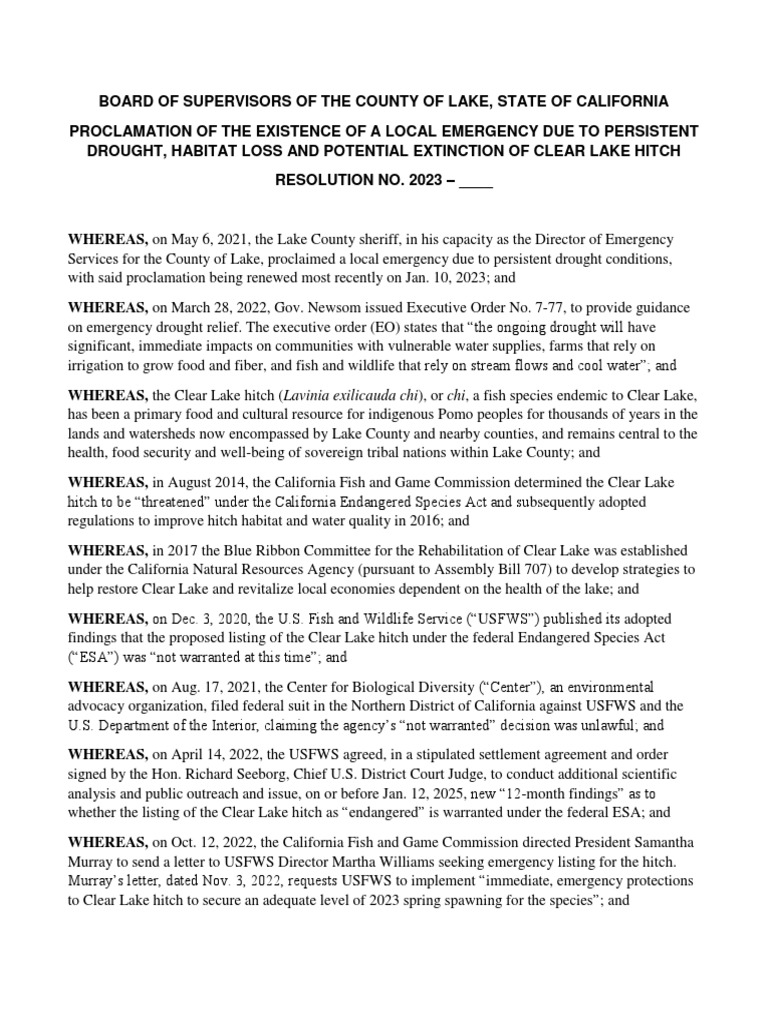 Draft ProclamationClear Lake Hitch PDF Endangered Species Act Of